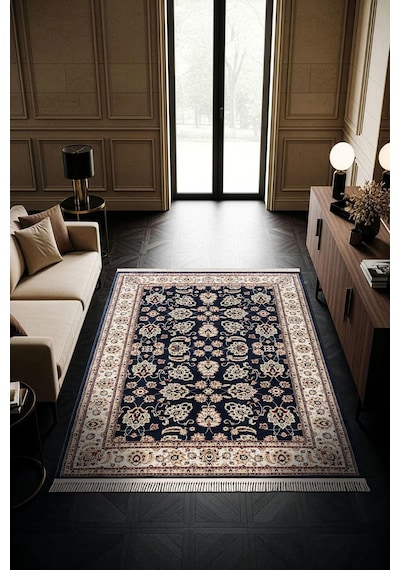 Cotto Home Fesane Fn002m Lacivert Pamuk Taban Etnik Çerçeve Desenli Oturma Odası Halısı