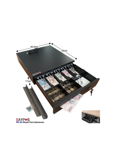 Montaj Askılı Slip Gözlü 5 Kağıt Para Bölmeli Anahtarlı Pos Bağlantılı Para Çekmecesi 40,5x42x11cm
