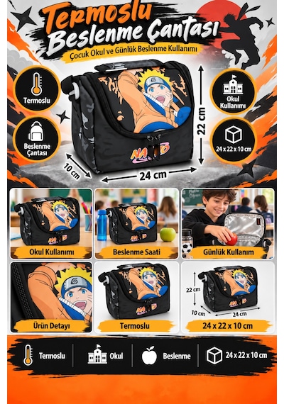 Naruto Termoslu Beslenme Çantası Çocuk Okul Yemek Çantası Günlük Kullanım 24x22x10 Cm Çok Renkli