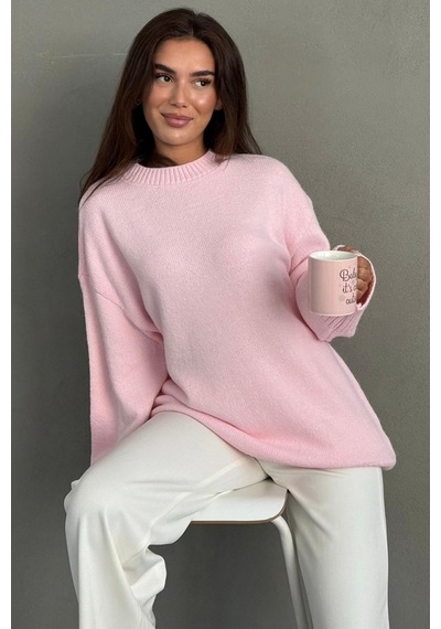 Madmext Pembe Bisiklet Yaka Oversize Uzun Kadın Triko Kazak Mg2890