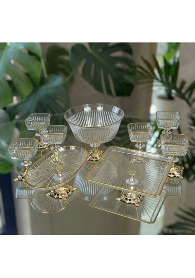 Çnr Home Collection Paşabahçe Gold Detayli Metal Ayakli Senum & Servis Seti Pasta, Magnolia, Kurabiyelik Gold