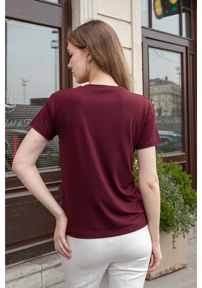 Jument Kadın V Yaka Kısa Kol Likralı Span Kumaş Şık T-shirt Bluz-bordo