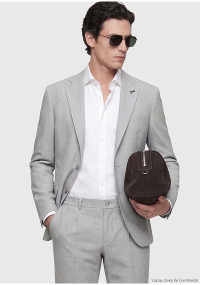 Ramsey Açık Gri Çizgili Modern Fit Yün Karışımlı Takım Elbise