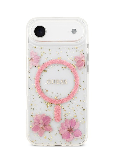Apple Uyumlu iPhone 17 Air Kılıf Guess Lisanslı M-safe Şarj Özellikli Transparan Resin Flowers Kapak Pembe Pembe
