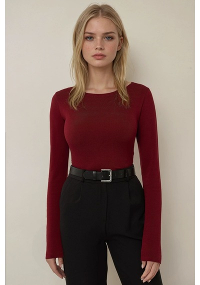 Hiccup Kayık Yaka Uzun Kollu Slim Fit Top Bordo Kırmızı