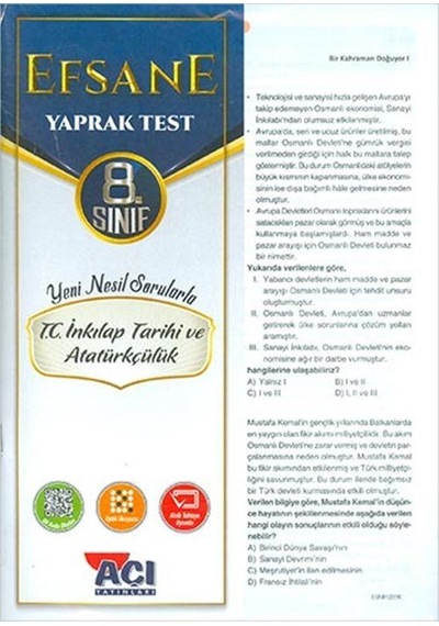 Açı 8. Sınıf İnkılap Tarihi Efsane Yaprak Test