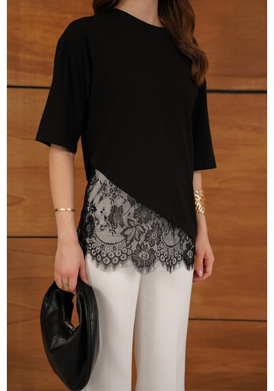 Verymoda Dantel Detaylı Asimetrik Tişört D2953 Siyah