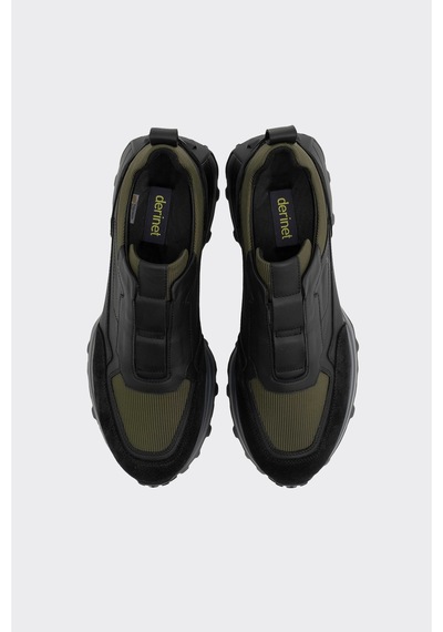 Derinet Hakiki Deri Comfort Taban Erkek Sneaker Siyah Haki Siyah Haki