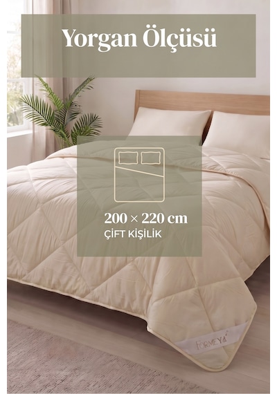 %100 Doğal Kuzu Yünü Yorgan Çift Kişilik Pamuk Kılıflı Kokusuz Terletmez Yıkanabilir 200x220 Cm Krem