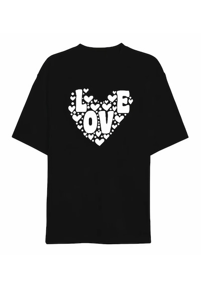 İkales 14 Şubat Sevgililer Günü Love Kalp Baskılı Oversize Bisiklet Yaka T-shirt - Siyah