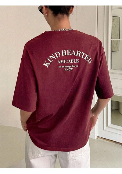 Flood Of Style Kadın Bordo Kind Hearted Baskılı Oversize T-shirt
