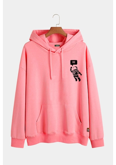 Unisex Pembe Kapüşonlu Hi Astronot Baskılı Slim Fit Kanguru Cepli Sweatshirt Pembe