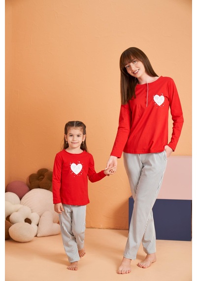 Pjs Kadın Anne-kız %100 Pamuklu Kalpli Desenli Çizgili Uzun Kollu Pijama Takım Kırmızı