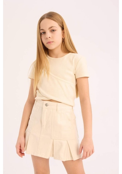 DeFacto Kız Çocuk Slim Fit Dar Kesim Bisiklet Yaka Kısa Kollu Tişört D9269A825SMER83 Ekru