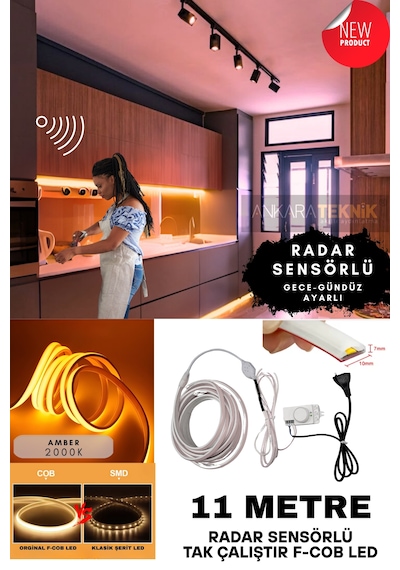 Ankara Teknik Sensörlü Amber Renk F- Cob Neon Led / Yüksek Lümen/ Dolap Alcıpan Tavan Led 11 Metre