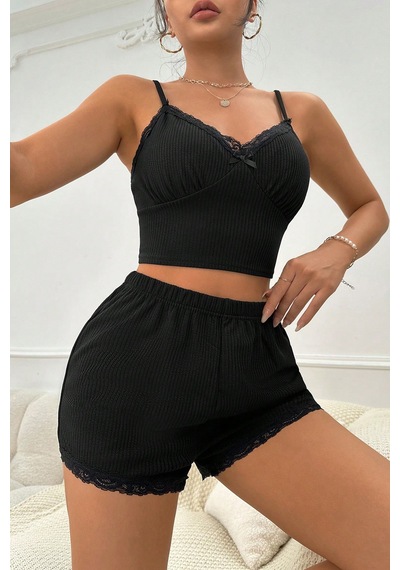 Moda Dua Kadın Siyah Alt Ve Üst Dantel Detaylı Fiyonklu Şortlu Gecelik Takımı