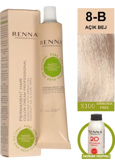 Renna Bitkisel Amonyaksız Saç Boyası 60 Ml 8-b Açık Bej Oksidan Hediyeli