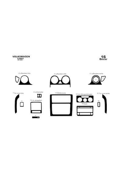 Volkswagen Caddy Torpido Kaplama 2004-2009 16 Parça Piano Black