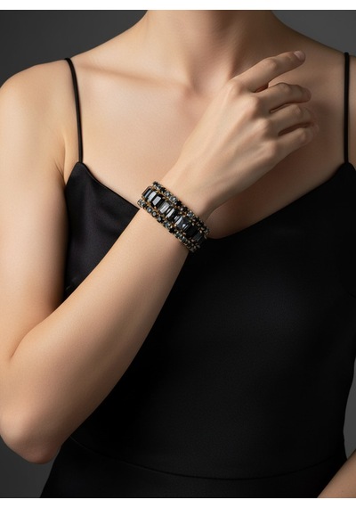 Valmont Accessories Kadın Altın Renk Siyah - Antrasit Taşlı Üçlü Bileklik Seti