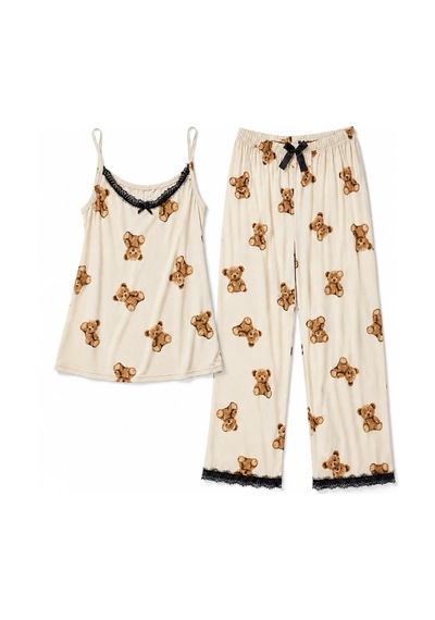 Feg Store Kadın Krem Ayıcık Baskılı Siyah Dantel Detaylı İp Askılı Pijama Takımı