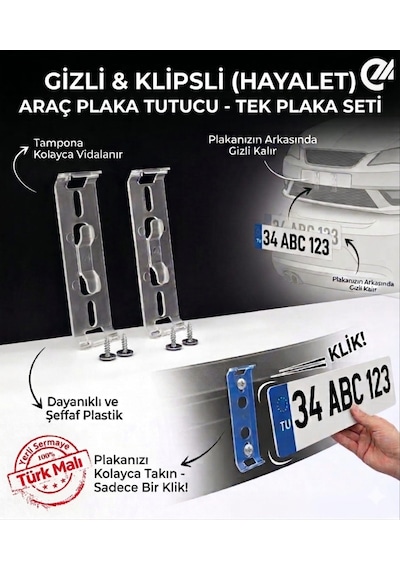 Hayalet Plakalık - Klipsli Oto Plaka Tutucu - Görünmez Plaka Seti - Gizli Takmatik Pratik Plakalık Reklamsız Çerçevesiz Şeffaf Hayalet Plakalık Montaj Vidası