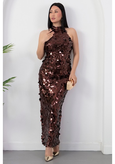 Kalopya Halter Yaka Büyük Pullu Elbise Abiye Ecr6094 Kahverengi