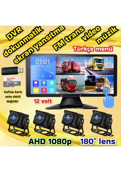 4 Adet Ahd 180 Derece Kamera Dvr Video Müzik Dokunmatik Monitör 12 V