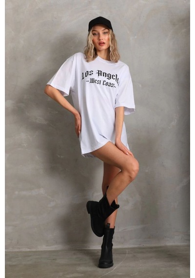 Kadın Baskılı Tişört Kısa Kol Bisiklet Yaka Oversize T-shirt - Beyaz
