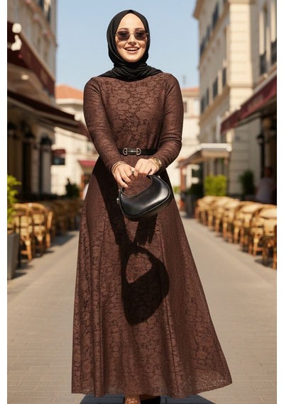 Bestenur Dantel İçi Astarlı Kemerli Elbise 1685 - Kahve Kahve