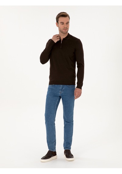 Cacharel Kahverengi Regular Fit Yün Karışımlı Fermuarlı Polo Yaka Basic Triko Kazak