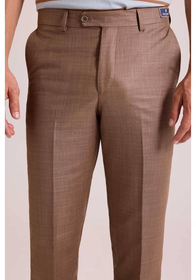Erkek Bej Regular Fit Yün Kumaş Pantolon