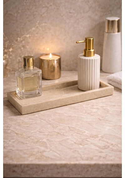 Traverten Dekoratif Tepsi 30x12 Cm Bej Mermer Banyo Kahve Köşesi Mum Tütsü Standı