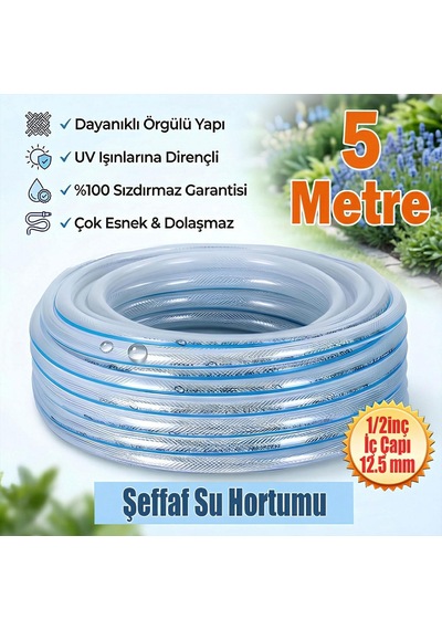 Örgülü Şeffaf Bahçe Hortumu 5 Metre Dayanıklı 3 Katlı Sağlam Çeşme Su Sulama Yıkama Hortum 12.5 Mm 1/2"