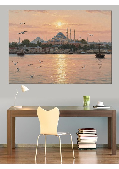 Sabah Vakti İstanbul Silueti Dekoratif Kanvas - Mdf Ahşap Tablo
