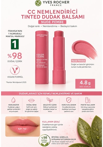 8 Saat Etkili Besleyici Doğal Renklendirici Vegan Dudak Balsamı 01-nude Pembe - 4.8 G