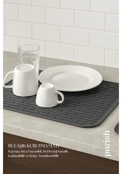 Bulaşık Kurutma Matı Tpe -31x39,5 Cm, Kaymaz, Bardak & Tabak Kurutma Pedi Antrasit Gri Plastik Diğer