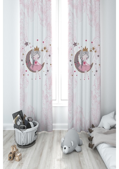 Mekta Home Bebek Ve Çocuk Odası Ay Üzerinde Oturan Kız Desenli Motifli 2 Kanat Fon Perde