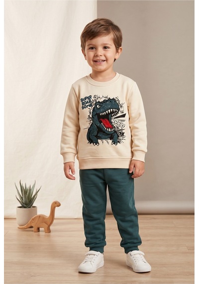 Deniva Kids Erkek Çocuk Bej/yeşil Dinozor Baskılı Pamuklu Alt Üst Eşofman Takımı