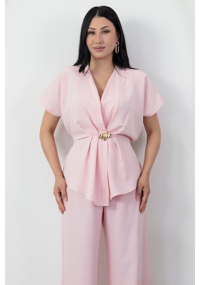 Kalopya Kruvaze Yaka Tokalı Pantolon İkili Takım Grs3983 Pembe