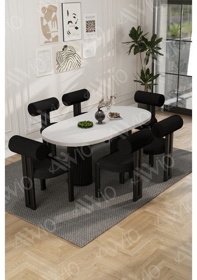 Avvio Verona Bohem Ayak 6'lı Metal Pofi Demonte Sandalye 80x160 Masa Sandalye Takımı Beyaz Masa Sandalye Siyah Kumaş Siyah Avvio Verona Bohem Ayak 6'lı Metal Pofi Demonte Sandalye 80x160 Masa Sandalye Takımı Beyaz Masa Sandalye Siyah Kumaş Siyah
