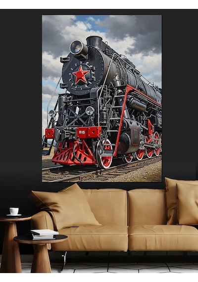 Ahşap Tablo Siyah Buharlı Tren Lokomotifi