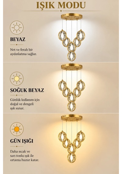 Modern Premium 6'lı Gold 3 Renkli Ledli Sarkıt Avizesi Salon Mutfak Oturma Odası Şık Modelleri 64w