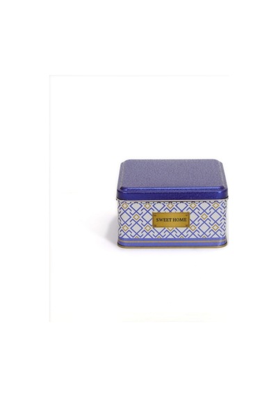 Evle Swt Home Desenli Kare Metal Saklama Kabı Beyaz - Mavi 1.9 L 15.8 x 15.8 x 8 CM Beyaz - Mavi