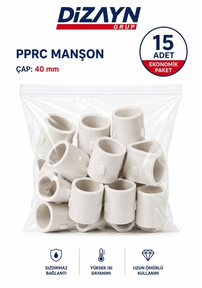 Dizayn Pprc Manşon 40 Mm 15 Adet Pn25 Temiz Su Tesisat Ek Parçası