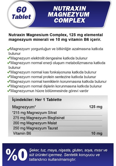 2 Adet Nutraxin Magnezyum Complex 60 Adet Tablet 125 Mg - Bisiglinat-taurat-malat-sitrat-b6