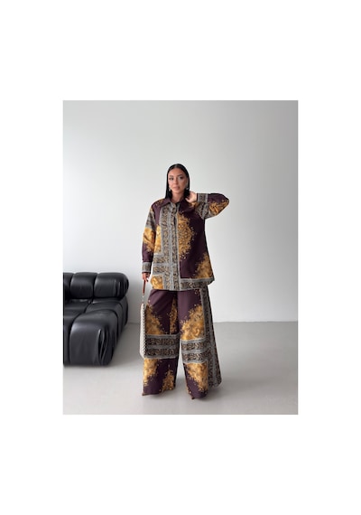 Wellway İthal Chokellaa Kumaş Çiçekli Tunik Gömlek & Pantolon 2li Takım-kahverengi -26112 Kahverengi