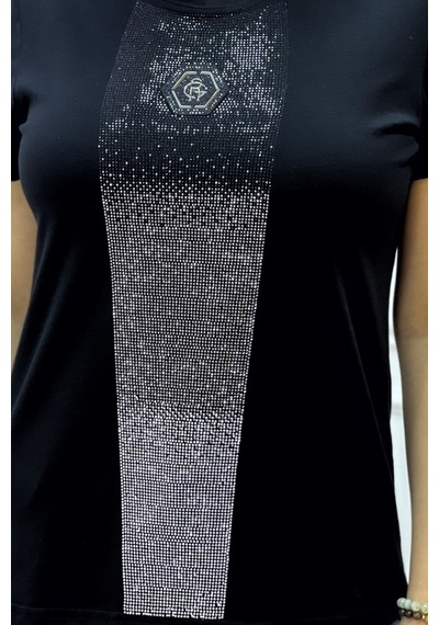Rich Glam Bisiklet Yaka Crystal Taşlı Büyük Beden Plus Size Pamuk Şık Rahat Siyah Kadın T-shirt Siyah