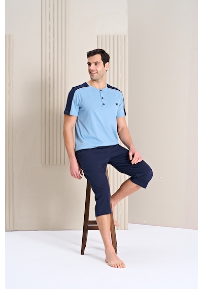 Over Sleep By Poleren Erkek Pijama Takımı Kapri & Bermuda Kısa Kol Açık Mavi