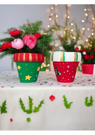 El Çizimi Yılbaşı Saksı Noel Saksı 2li Set Renkli