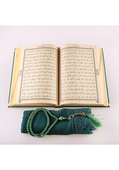 Şal + Tesbih + Kuran Hediye Seti Çanta Boy, Kadife, Şems Lafzatullah, Zeytin Yeşili